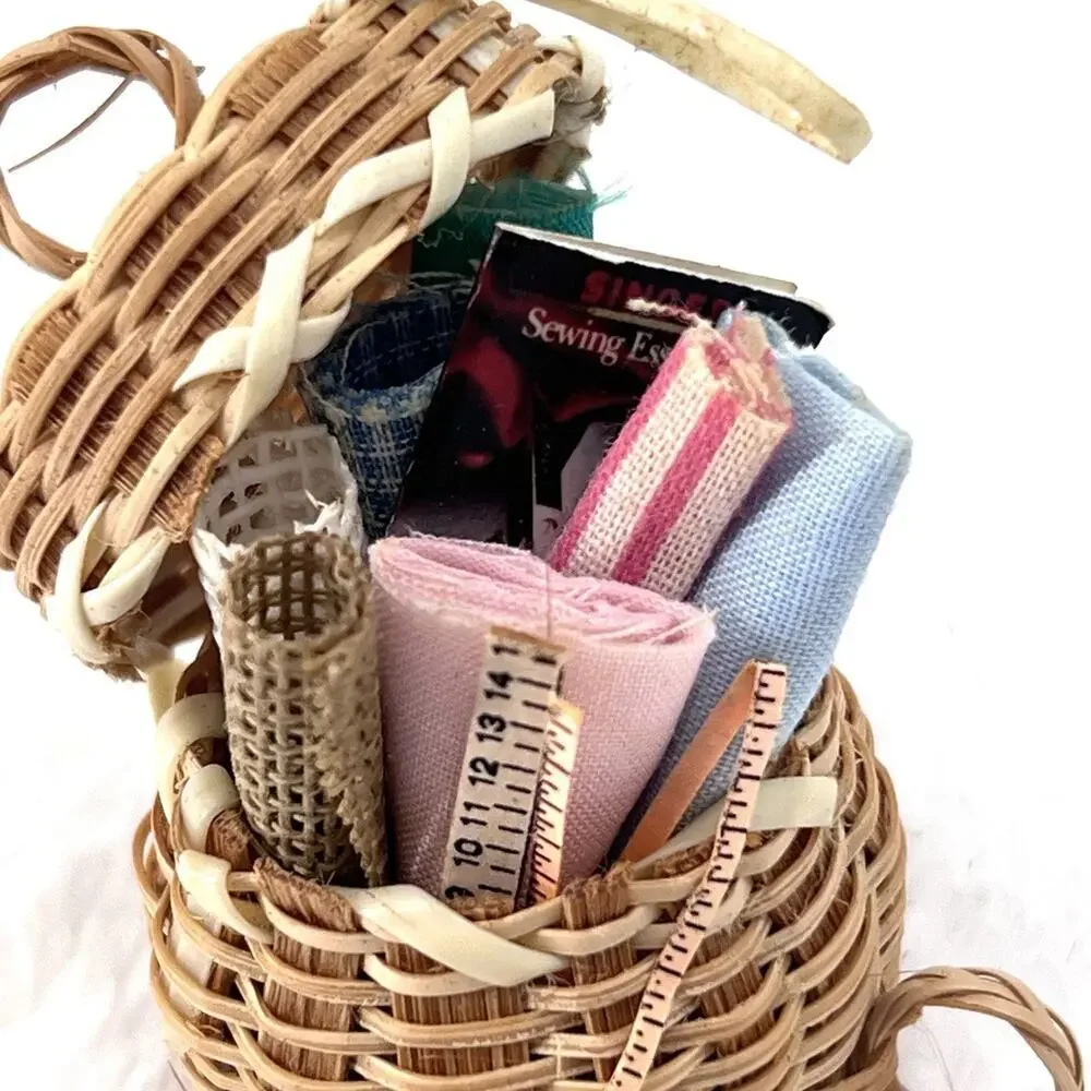 Vintage Mini Artisan Wicker Sewing Basket & Fabric Dollhouse Miniature 1:12